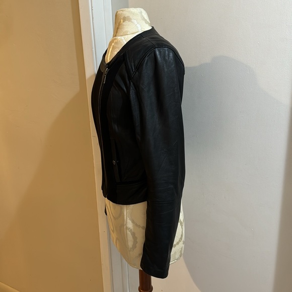 Anthropologie Elevenses Genuine Leather Cotton Cropped Moto Zip Jacket Sz 6 - Picture 11 of 16